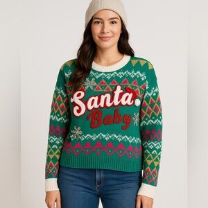 Santa Baby Ugly Christmas Sweater Green Sequin Knit XL Jolly Sweaters‎